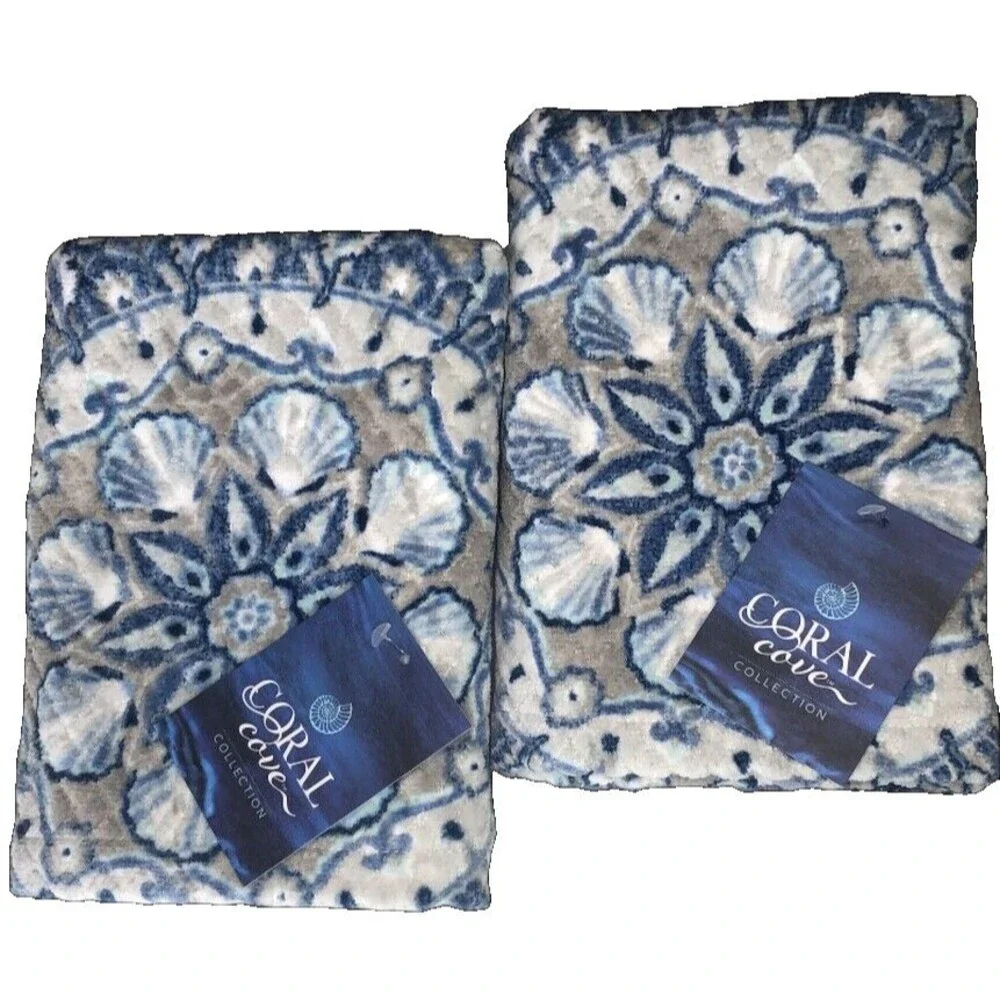 Coral Cove Shell Medallion Plush Hand Towels Set of 2 Beach Summer House Blue